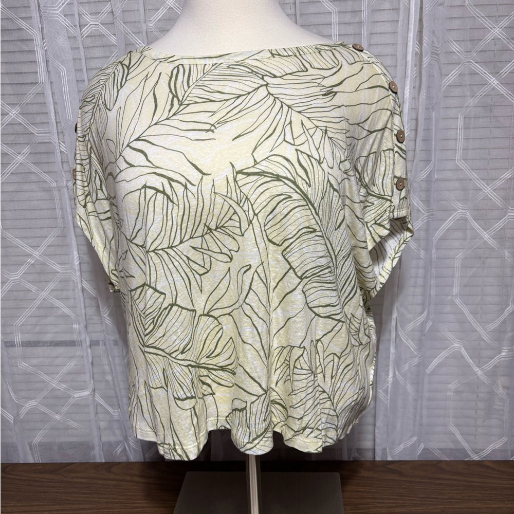 Rachel Zoe 3X Tropical Linen Blend Short Sleeve Top Boat neck Leaf Print